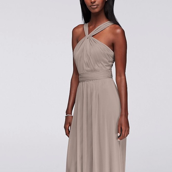 David’s bridal y-neck prom dress in taupe - Picture 1 of 8
